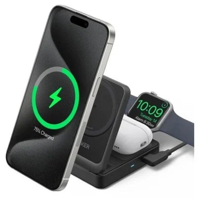 Anker MagGo Wireless Charging Station (15W, Foldable 3-in-1) - Black
